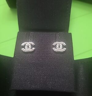CHANEL Silver Crystal CC Logo Stud Earrings
